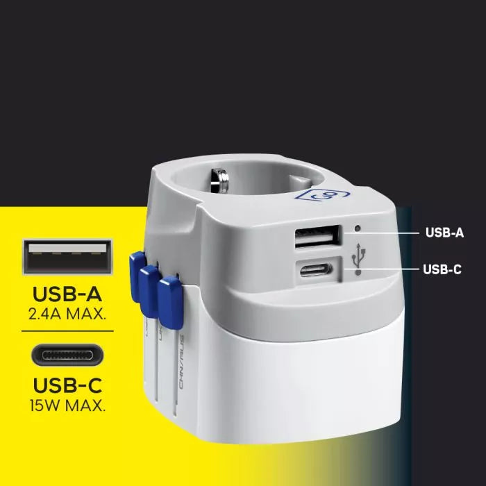 Go Travel Worldwide Adapter with USB-A and USB-C Ports