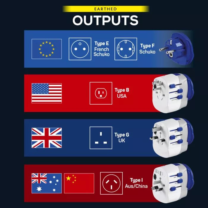 Go Travel Worldwide Adapter with USB-A and USB-C Ports