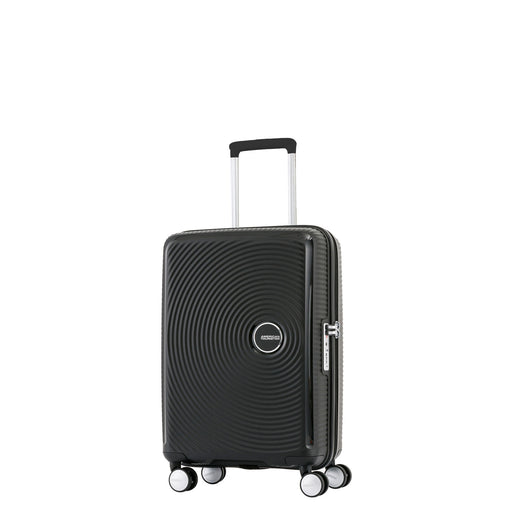 Detailed view of the American Tourister Curio 55cm spinner's locking mechanism in black